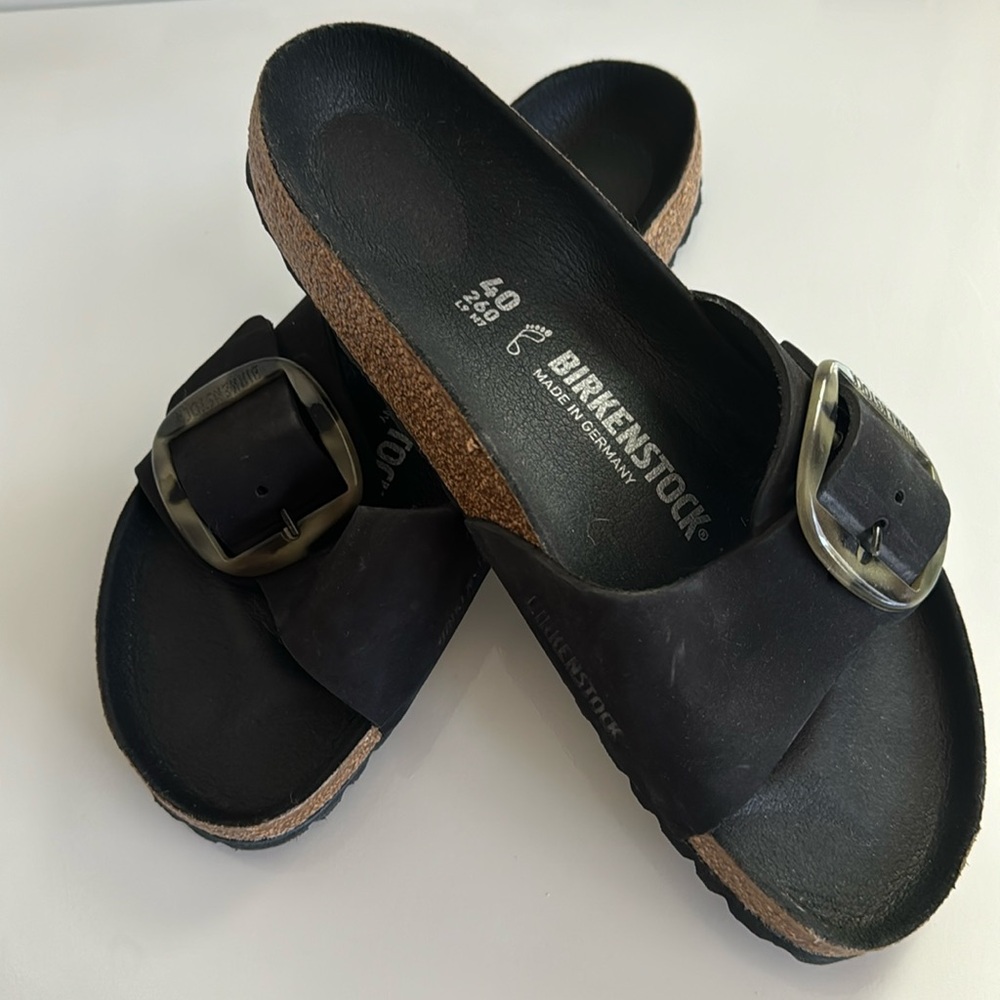 Birkinstock Madrid Black Leather and Large Turquoise Buckle  Size EU 40 …